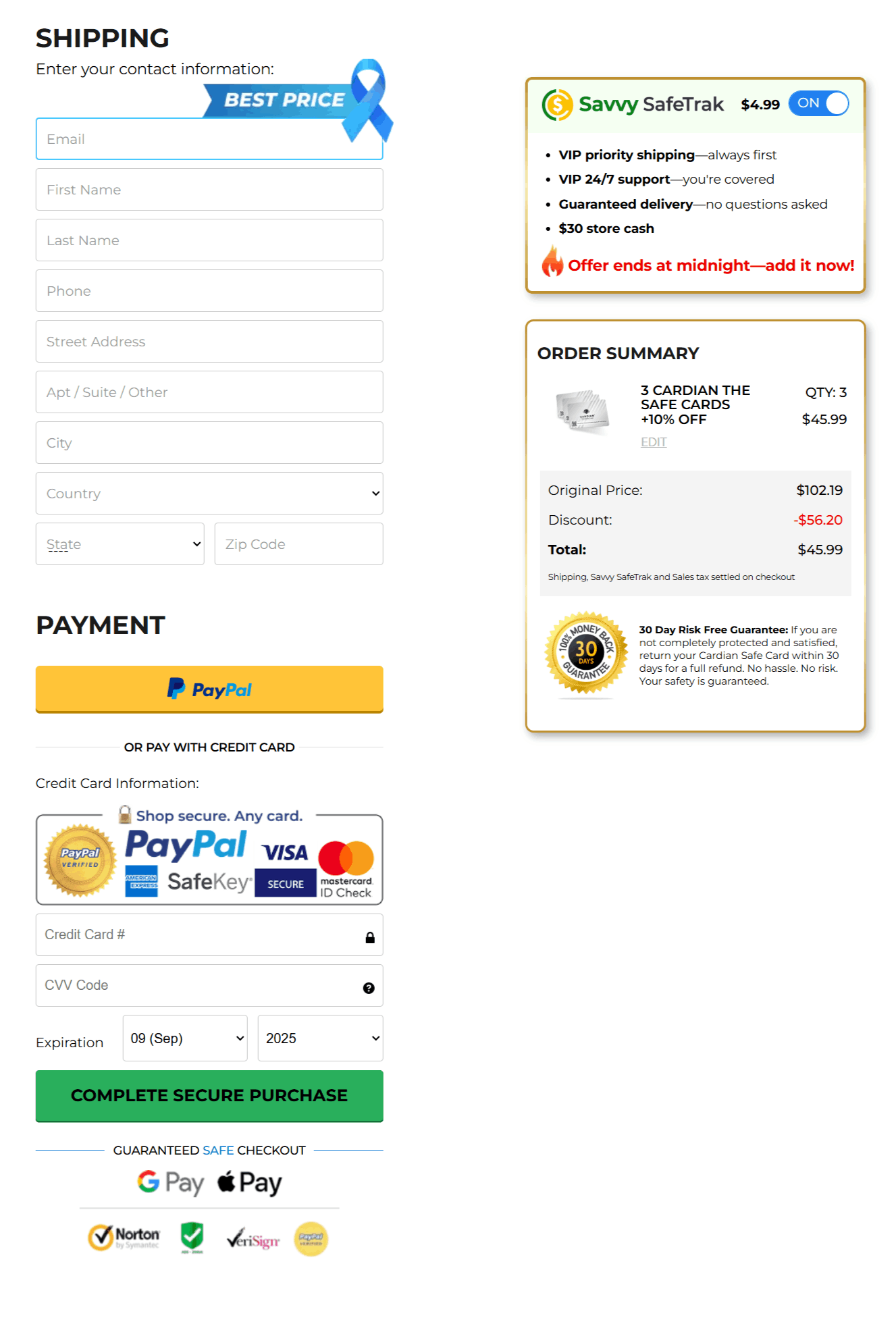 Cardian the Safecard checkout page
